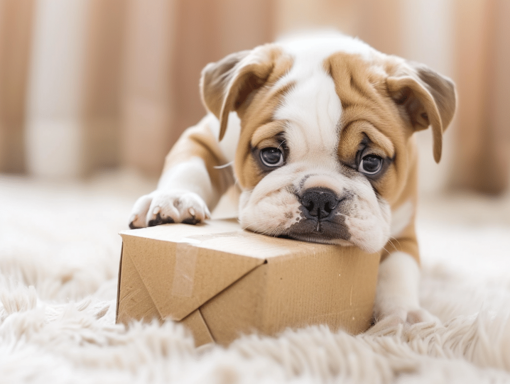 english bulldog puppy with a box midjourney